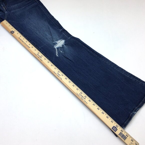 Express Jeans 70s Flare Leg Mid Rise Stretch Distressed size 6 length 33" - Picture 6 of 9